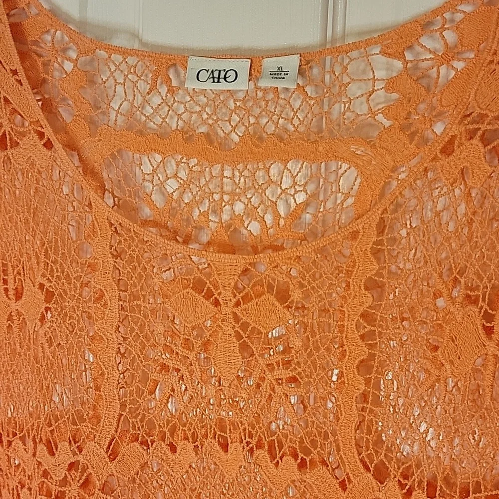 Cato XL Lace Overlay Tunic with Fringe Orange Coral